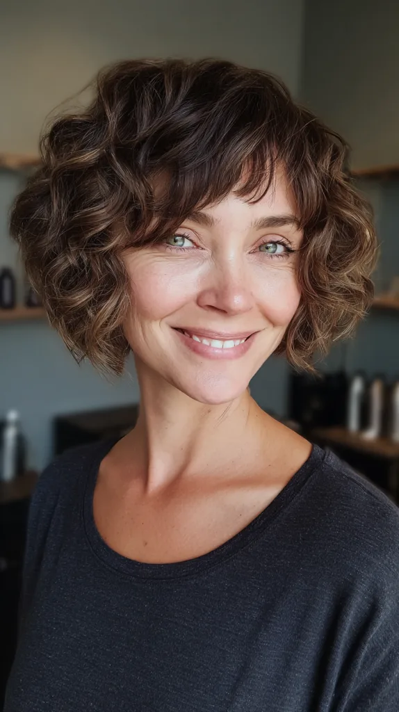 Textured Short Curly Cut with Soft Bangs