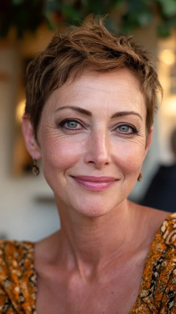 Textured Short Pixie with Forward Cowlick and Soft Babylights