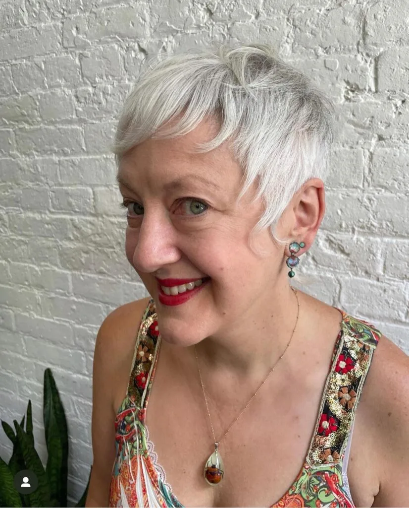 Textured Short Silver Pixie with Playful Bangs