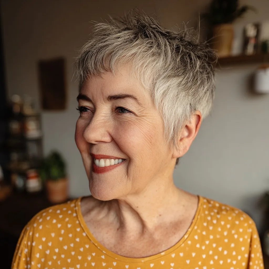 Textured Short Silver Pixie with Pointed Layers