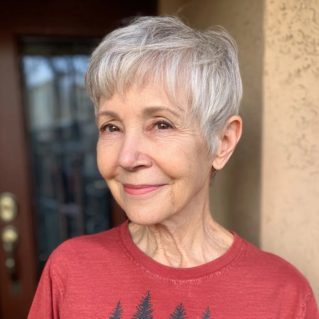 Textured Short Silver Pixie with Soft Bangs