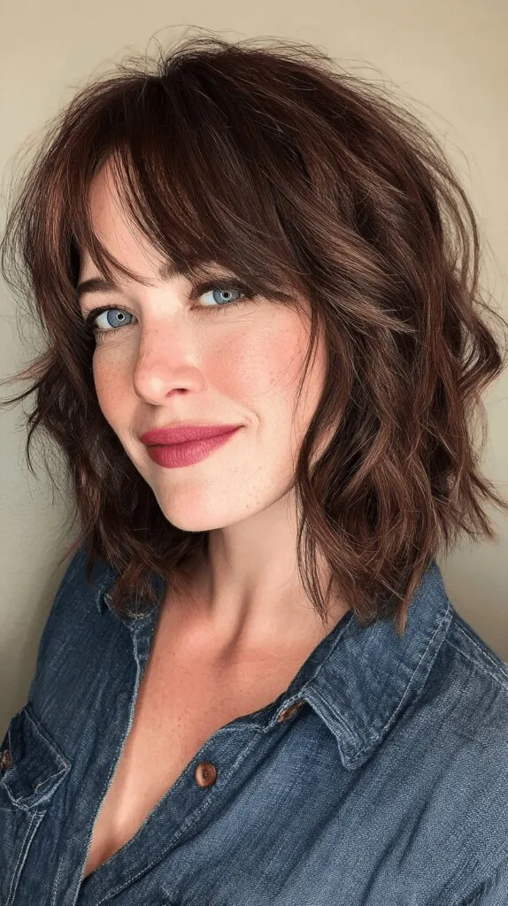 Textured Shoulder-Length Wavy Cut with Soft Bangs