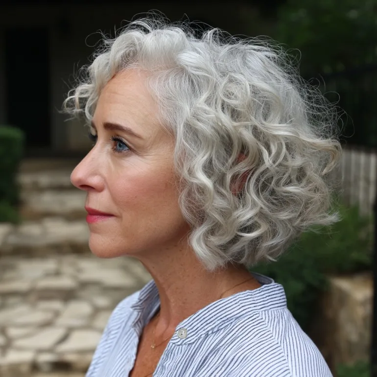 Textured Silver Curly Bob with Soft Layers