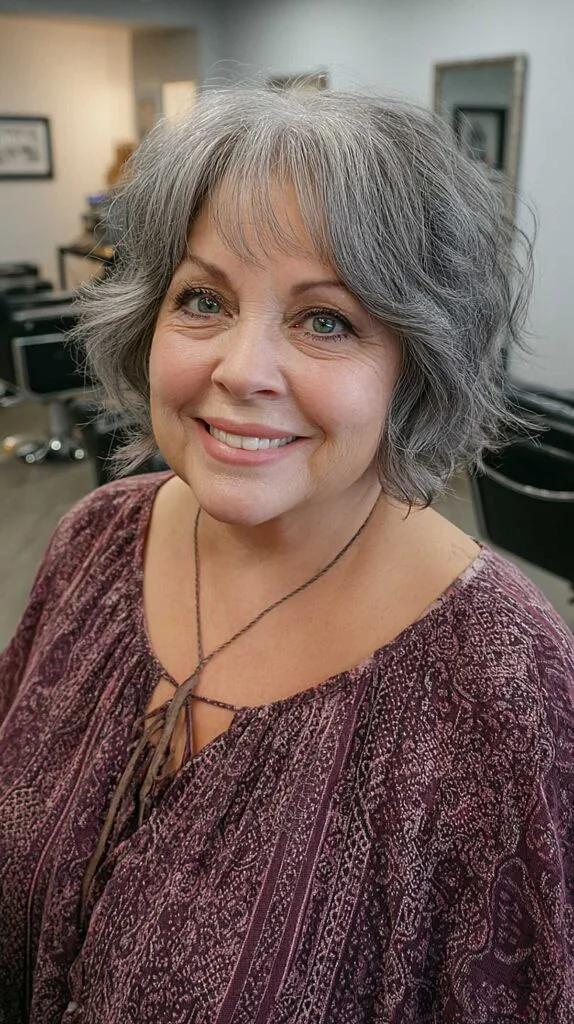 Textured silver gray bob with feathered wispy fringe