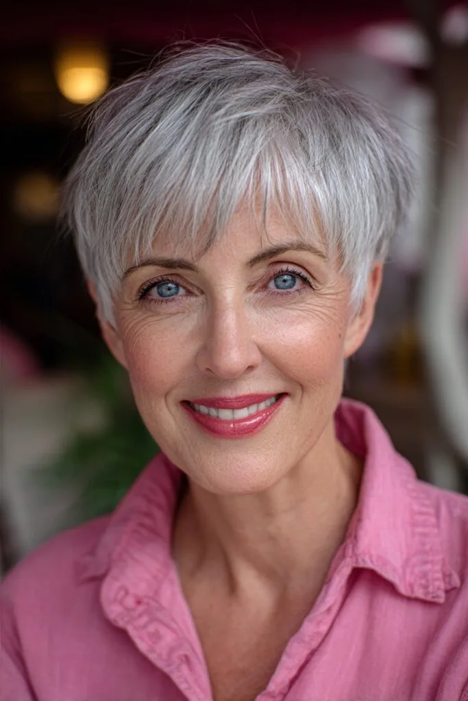 Textured Silver Pixie Cut with Fringed Bangs