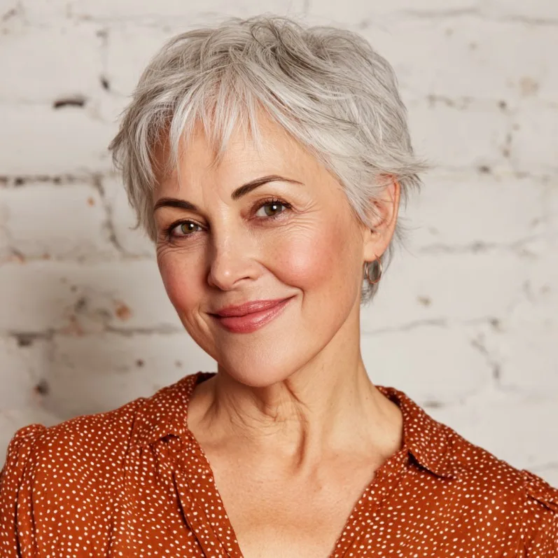 Textured Silver Pixie with Soft Layers and Face-Framing Bangs