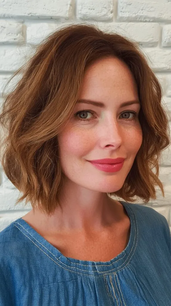 Textured Wavy Bob with Subtle Blonde Highlights