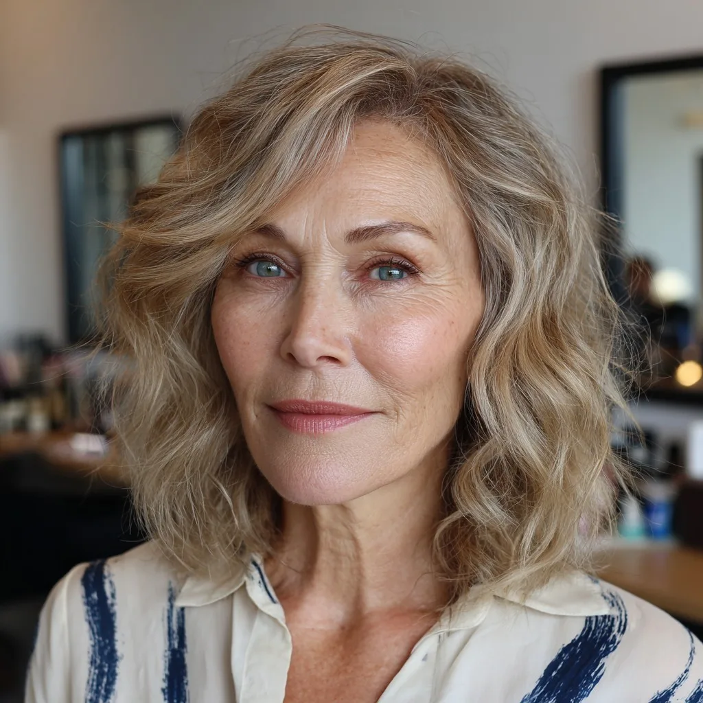 Textured Wavy Lob with Soft Side Bangs