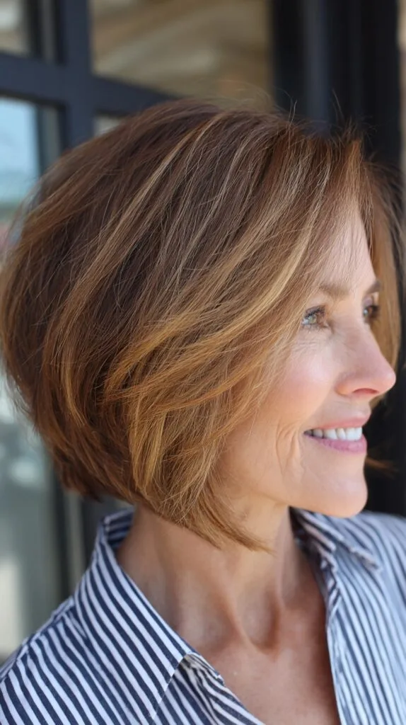 Toasted Caramel Angled Bob with Soft Feathered Ends
