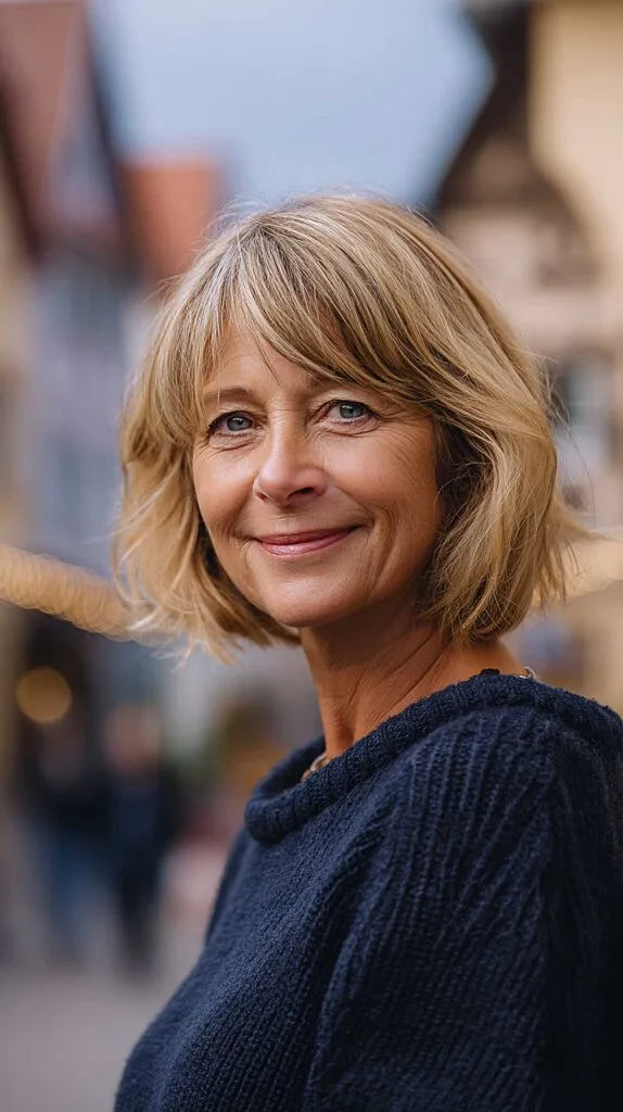 Tousled Blonde Chin-Length Bob with Soft Wispy Bangs
