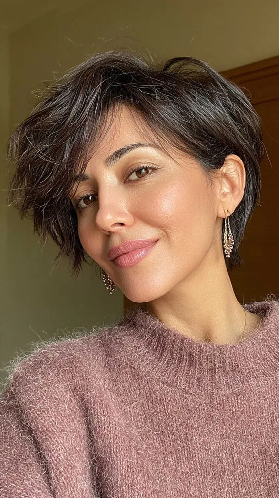 Tousled Dark Pixie Bob with Wispy Fringe