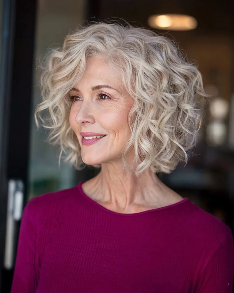 Tousled frosted blonde curly bob for older women with fine voluminous curls
