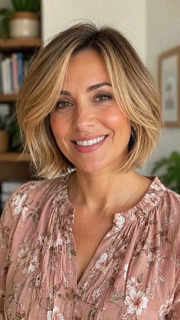 Tousled honey blonde chin-length bob with choppy ends
