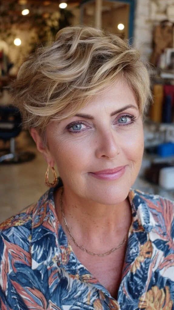 Tousled Short Layered Pixie with Diagonal Fringe and Natural Crown Lift