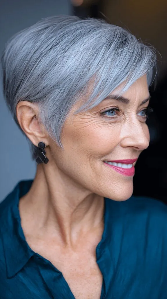 Trendy Textured Silver Pixie Cut with Side-Swept Bangs
