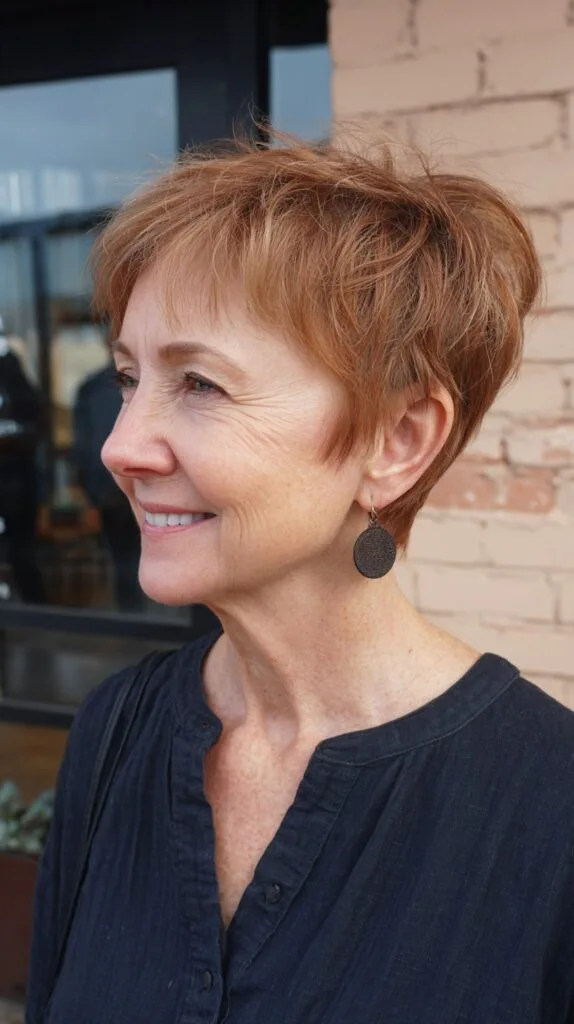 Vibrant Auburn Tousled Pixie for Mature Hair