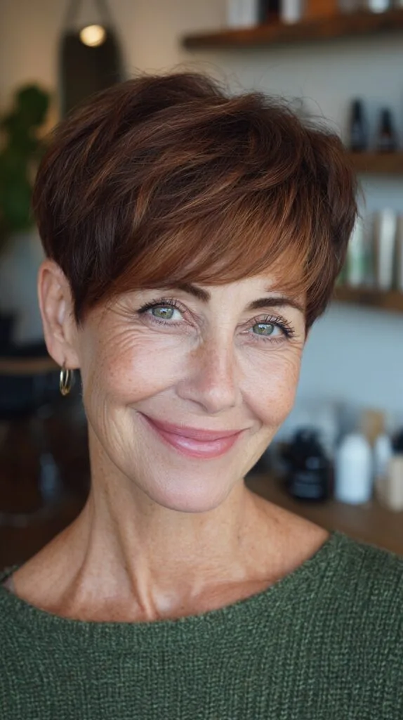Vibrant Chestnut Pixie with Contoured Layers