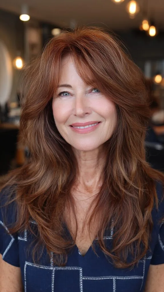Voluminous Chestnut Long Layers with Soft Curtain Bangs
