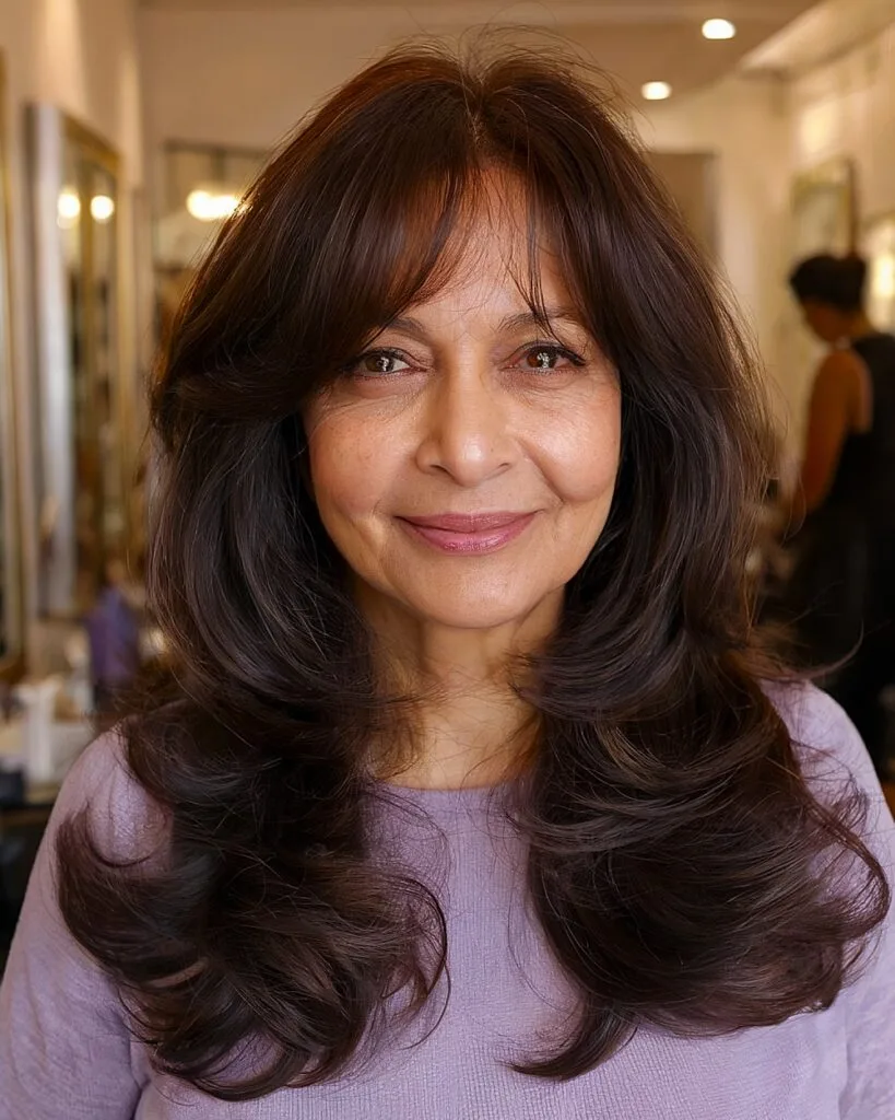 Voluminous long layers with butterfly bangs for mature women with thick dark hair