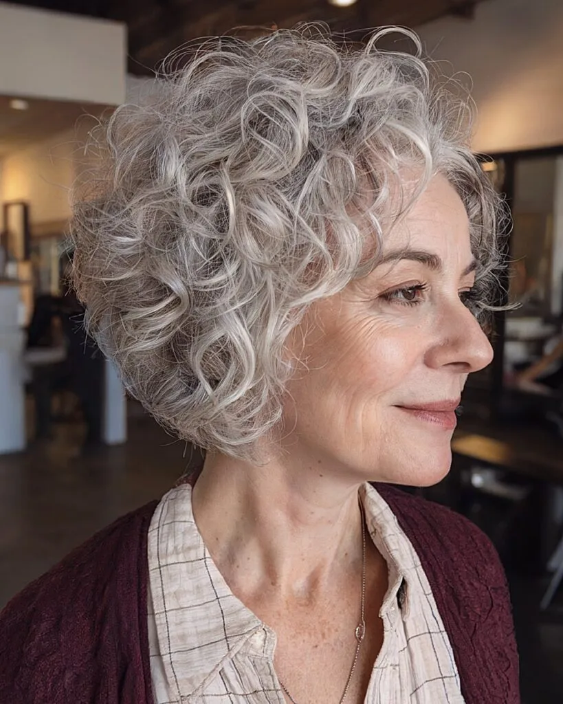 Voluminous stacked curly bob for older women with layered silver curls and rounded shape