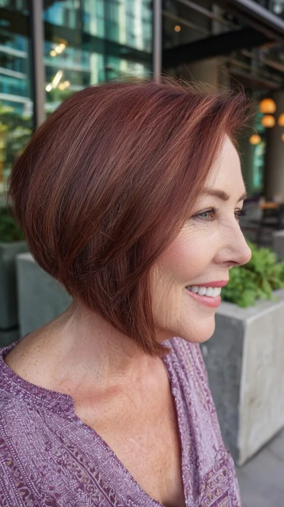 Warm Angled Chin-Grazing Stacked Bob with Root Smudge