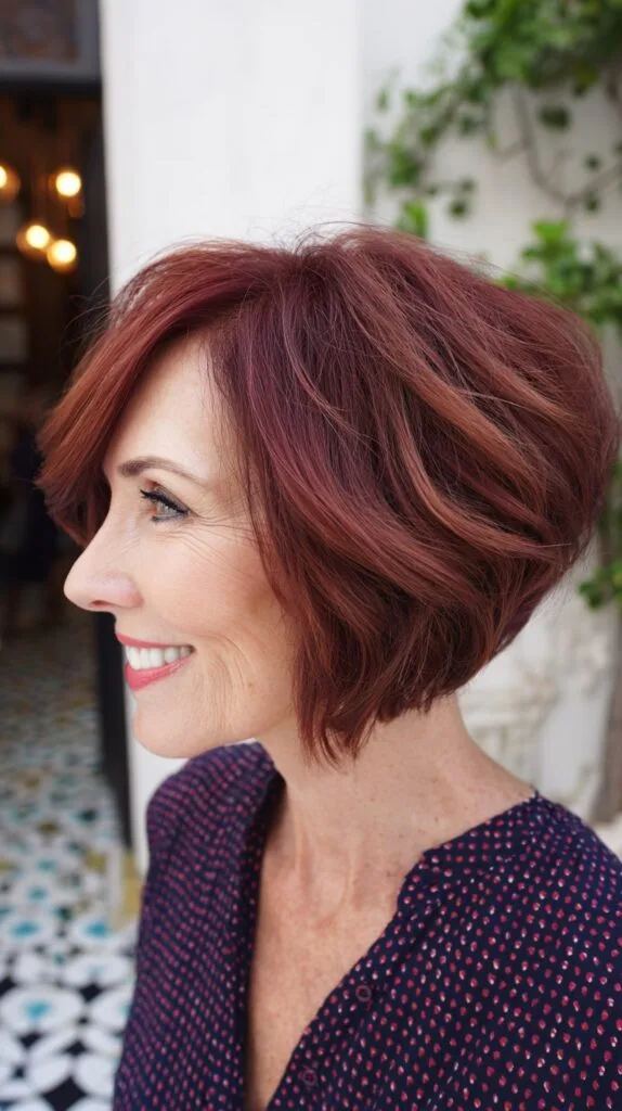 Warm Auburn Angled Chin-Length Stacked Bob with Lifted Crown