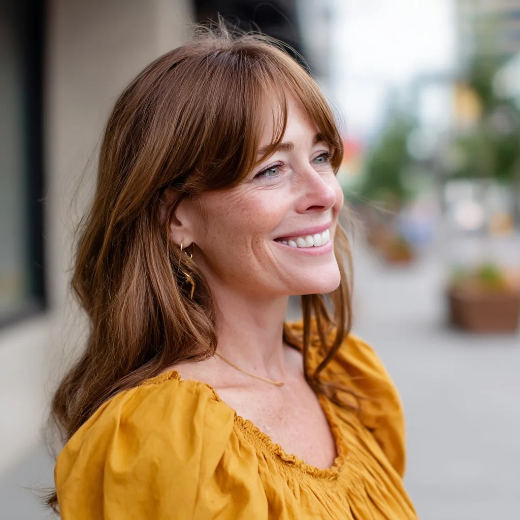 Warm Auburn Curtain Bangs with Soft Layered Waves