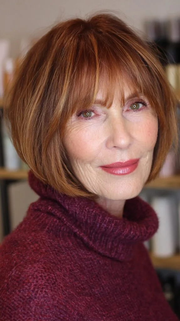 Warm Auburn Layered Bob with Soft Fringe