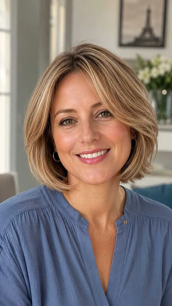 Warm Blonde Layered Bob with Side-Swept Bangs