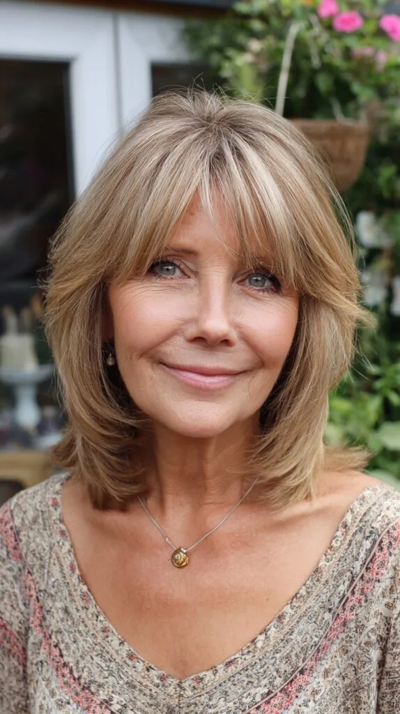 Warm Blonde Shoulder-Length Feathered Cut with Brow-Grazing Curtain Fringe