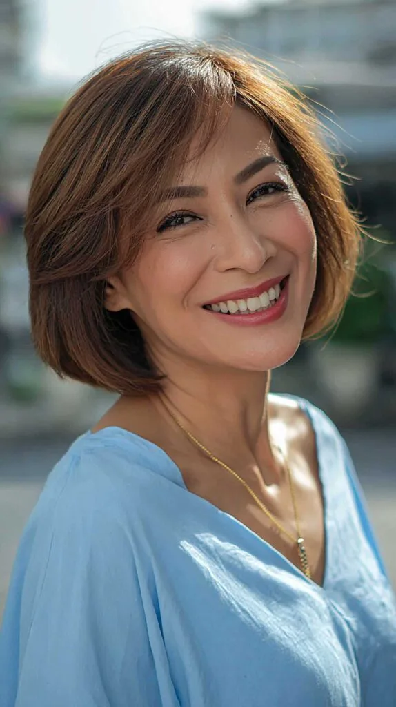 Warm Brunette Layered Chin-Length Bob with Side Sweep
