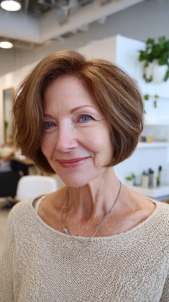 Warm Caramel Rounded Chin-Length Bob with Gentle Crown Lift