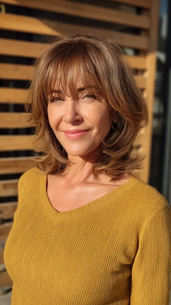 Warm Chestnut Feathered Shoulder-Length Cut with Wispy Micro-Bangs