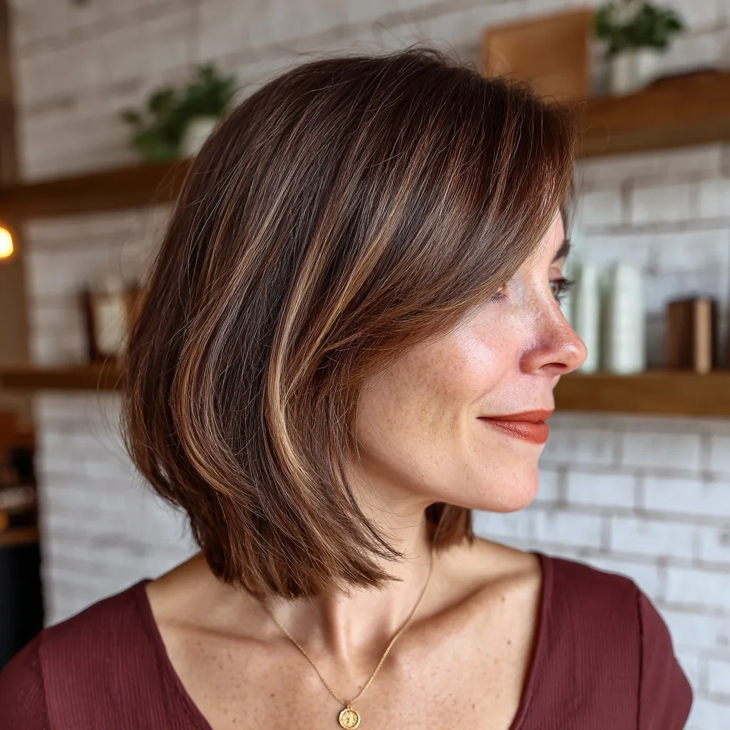 Warm Chestnut Midi Bob with Subtle Highlights