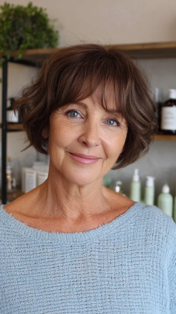 Warm Chestnut Short Textured Italian Bob with Soft Curtain Fringe