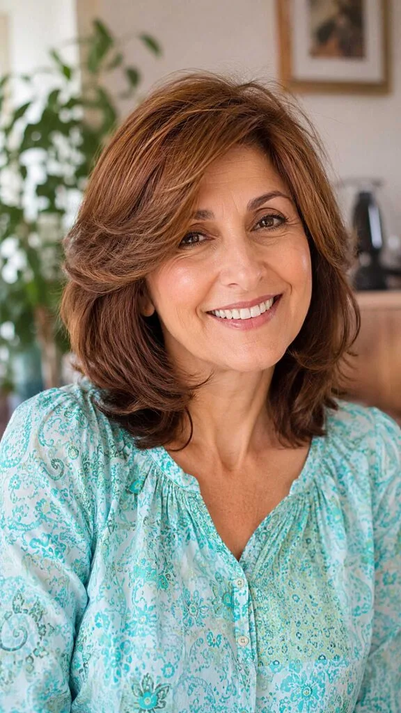 Warm chestnut shoulder-length style with flipped layers