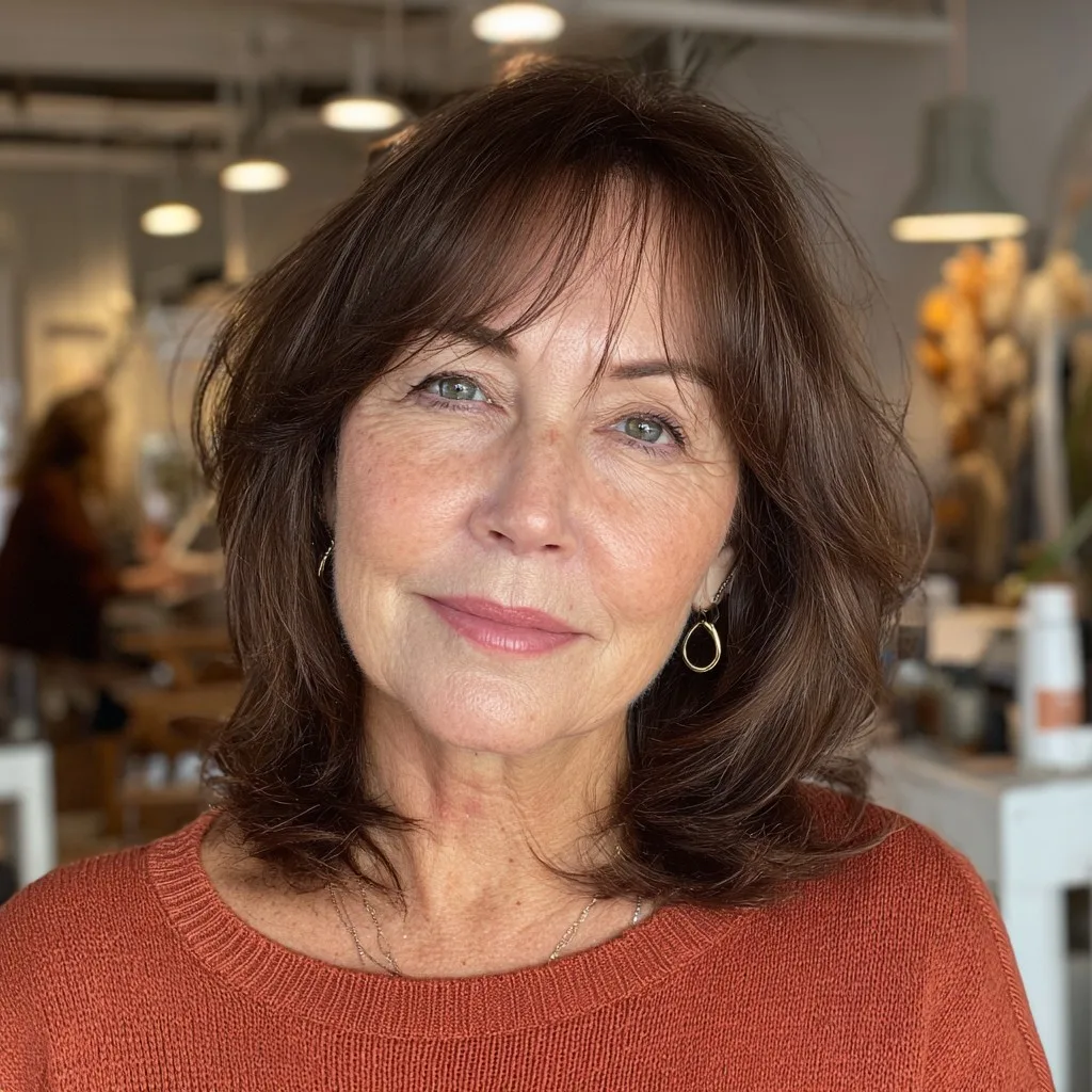Warm Chocolate Layered Cut with Face-Framing Bangs