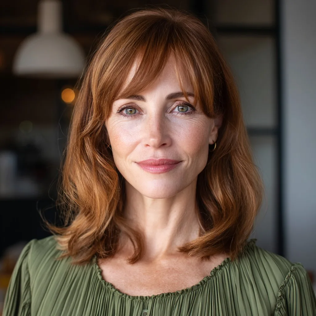 Warm Copper Curtain Bangs with Soft Layered Ends