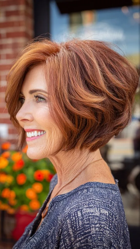Warm Copper Graduated Angled Bob with Feathered Layers