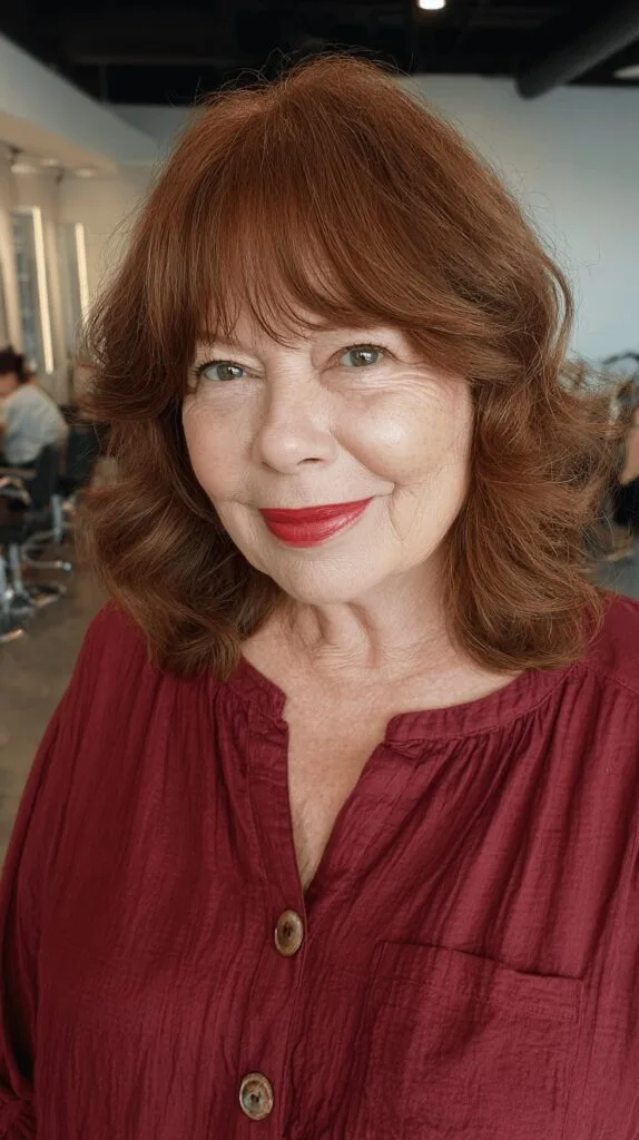 Warm Copper Layered Curls with Wispy Bangs