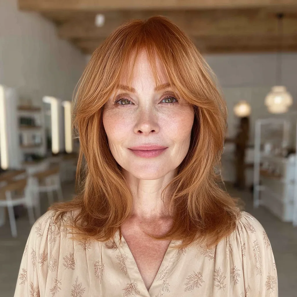 Warm Copper Lob with Face-Framing Bangs