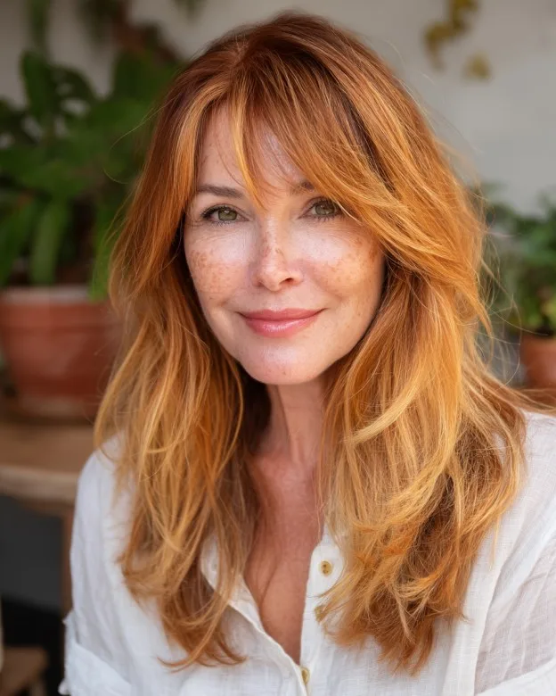 Warm Copper Long Layers with Soft Face-Framing Highlights