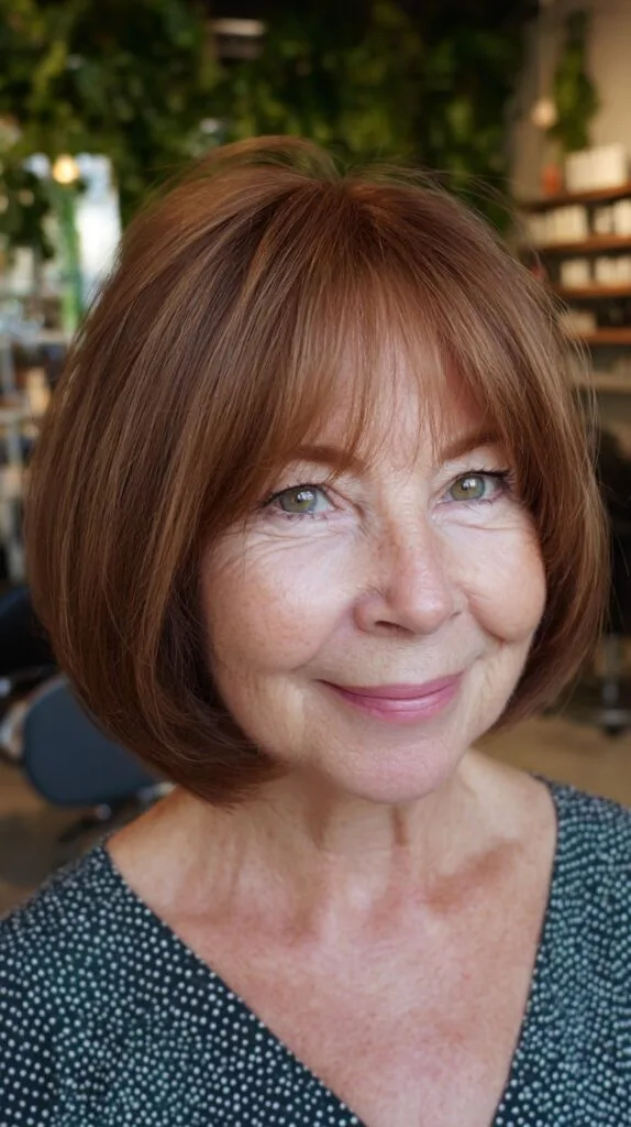Warm Copper Rounded Stack with Wispy Micro-Bangs