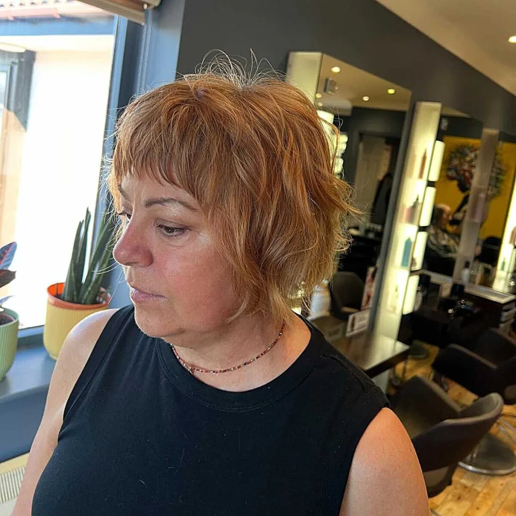Warm copper short textured shag with bangs