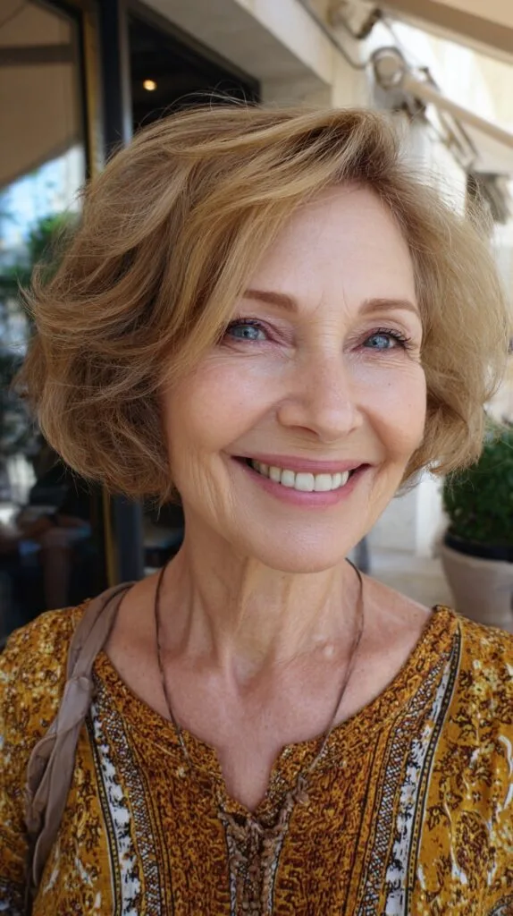 Warm Golden Stacked Chin-Length Bob with Face-Framing Radial Layers