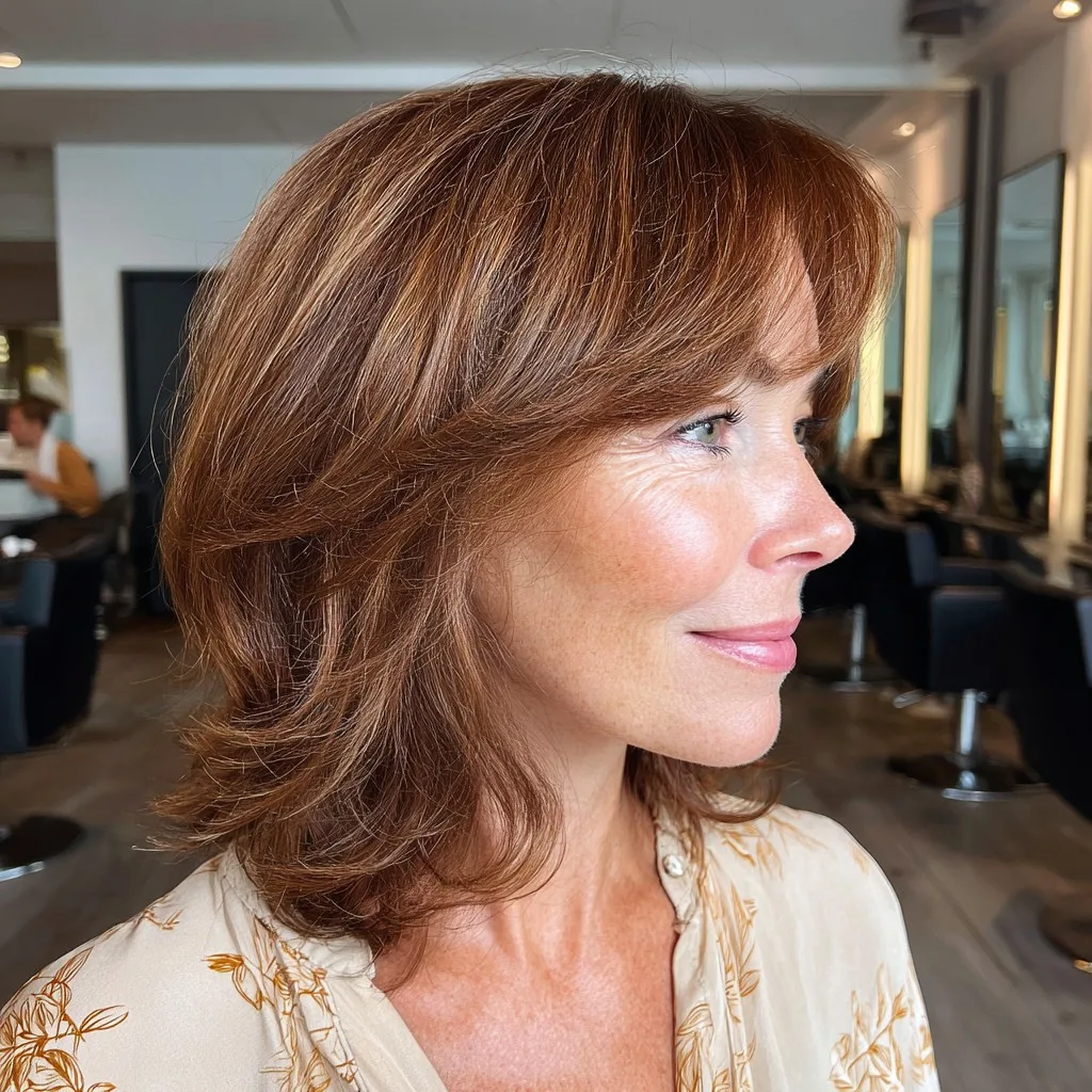 Warm Layered Midi Bob with Soft Bangs