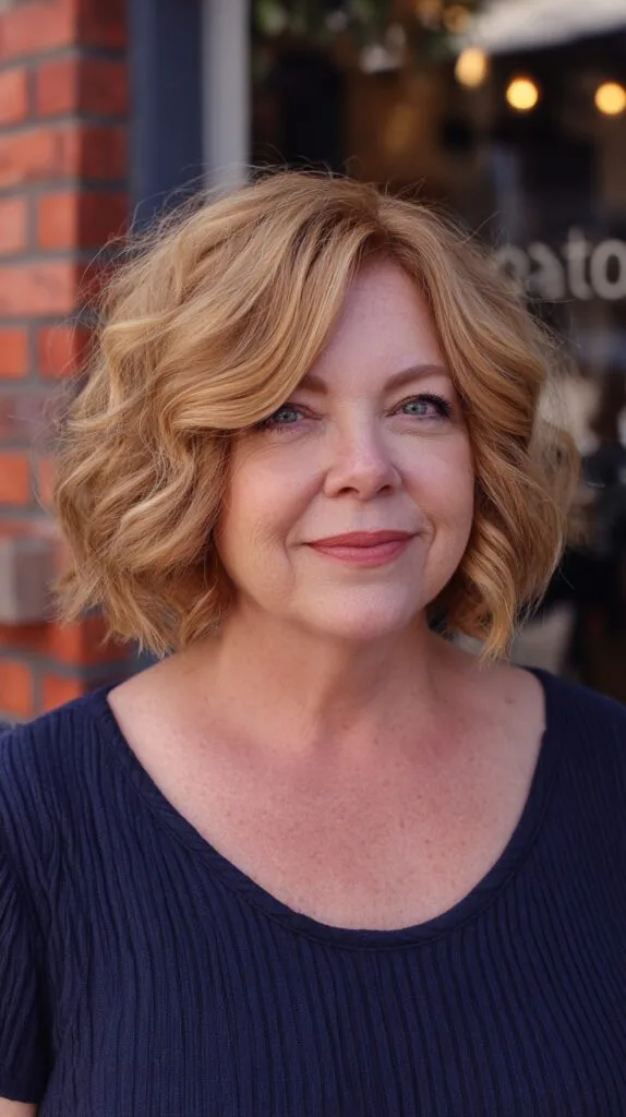 Warm Textured Chin-Length Wave Bob with Draped Side Part