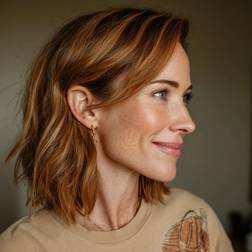 Warm Toned Textured Midi Bob with Soft Layers