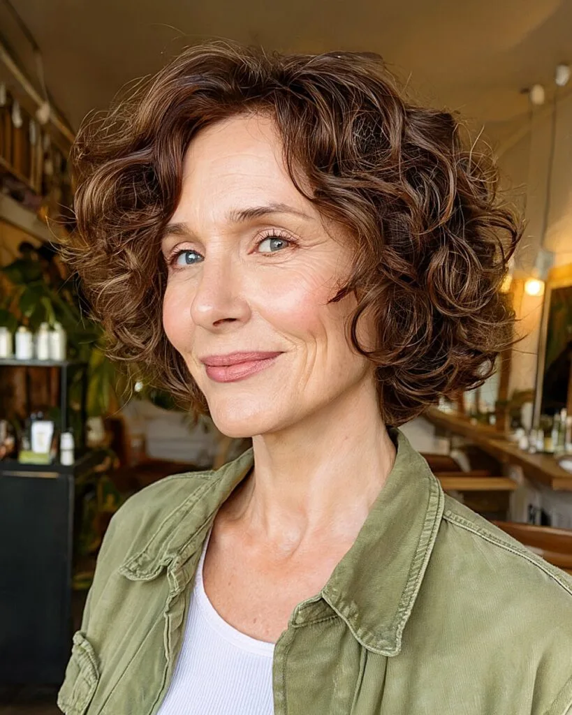 Wash and go curly bob with soft brown ringlets for women over 50 seeking low-effort volume