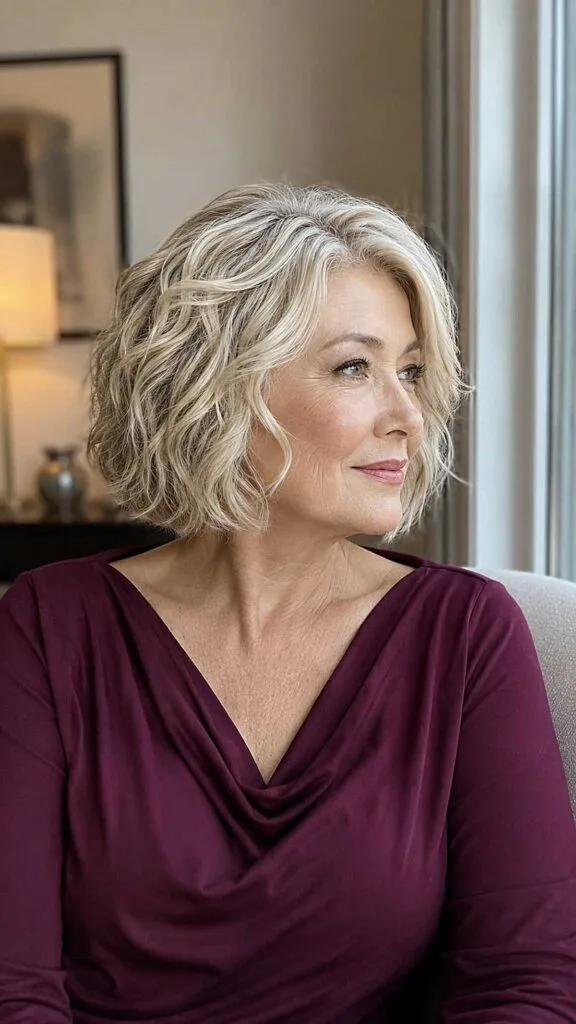 Wavy chin-length blonde bob with soft texture on older woman
